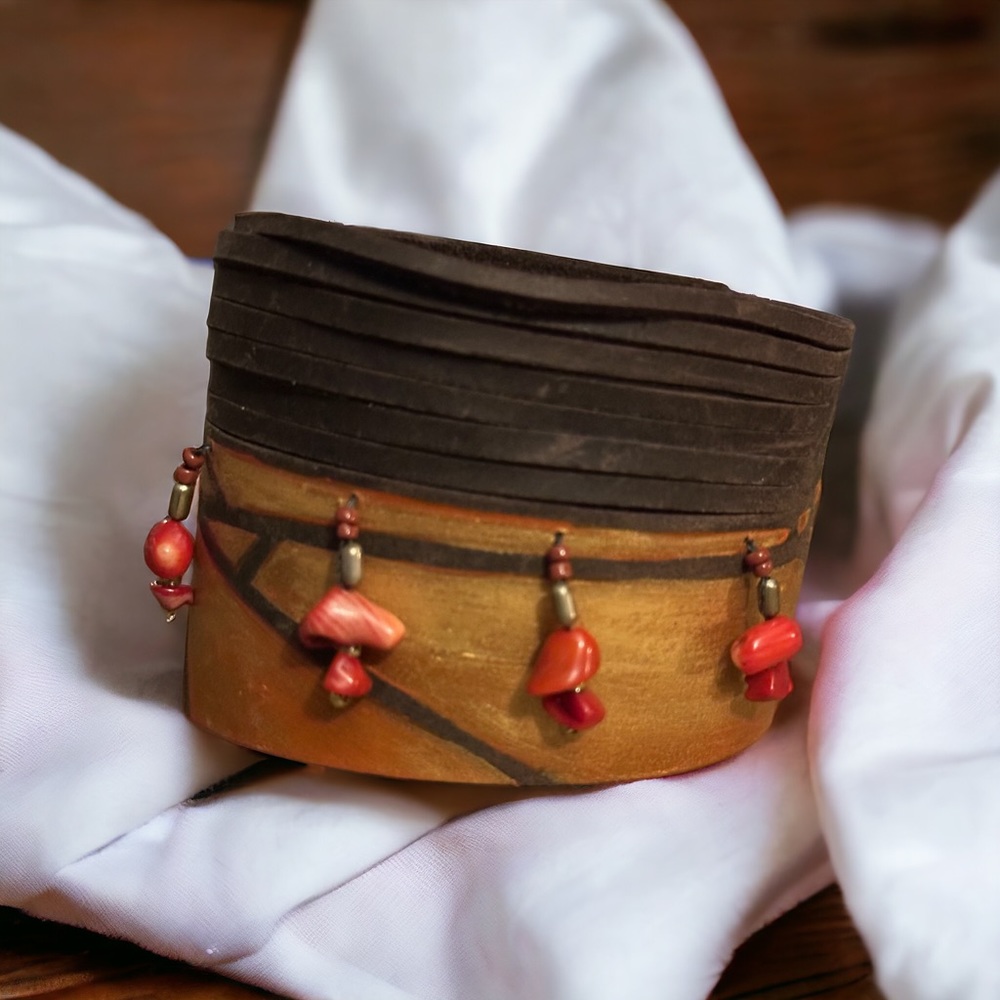 Vintage wide leather tribal bracelet
